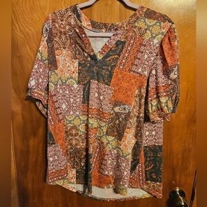 Anyally Short Sleeve Mixed Print Patchwork V-Neck Casual Size XL
